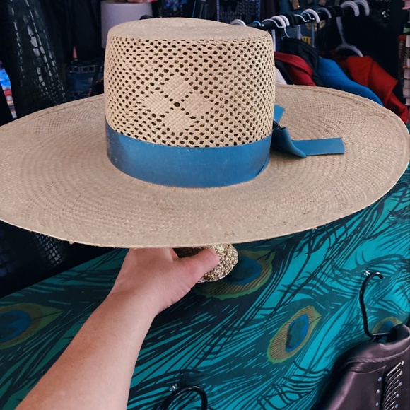 Customed Blue Ribbon Jeweled Straw Hat main image 5